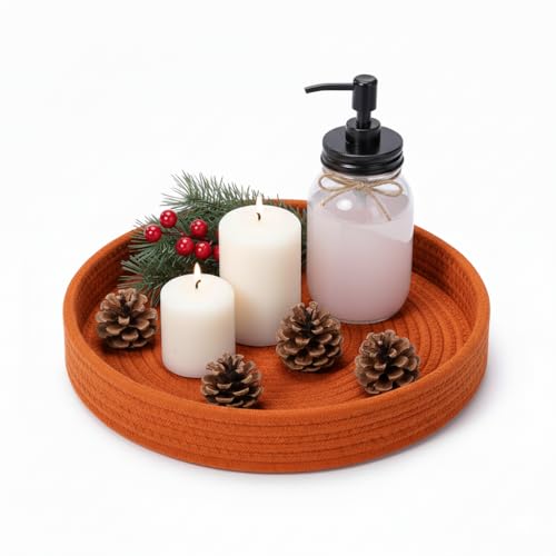 Image of BOBBINY Decorative Round Rope Tray for Decor - Rope Tray for Kitchen Dining Room Table - The Perfect Small Candle Serving Tray for Coffee Table and Home Decor (Orange, 10x10 Inch (Pack of 1))