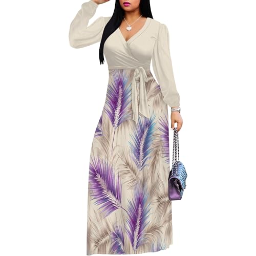 Image of PinkPatty Plus Size Dresses for Curvy Women V Neck Flowy Long Sleeves Wrap Maxi Dress Travel Vacation Outfits