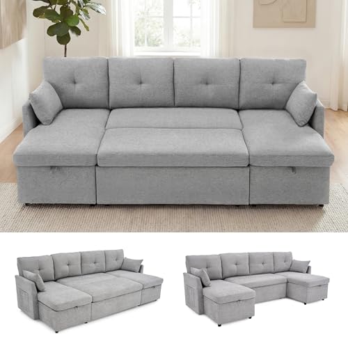 Image of Huatean Home Oversized Sleeper Sofa Couch, 100 inch 2 in 1 Pullout Couch Bed with Side Pockets for Living Room, Sectional Sleeper Sofa Bed with Double Storage Chaise, LightGrey
