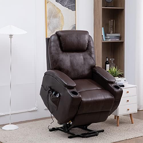Power Lift Recliner Chair Genuine Leather Lift Chair for Elderly Massage and Heating, Ergonomic Living Room Recliner Classic Single Sofa with 2 Cup Holders Side Pockets,Europe Adaptor (Brown)