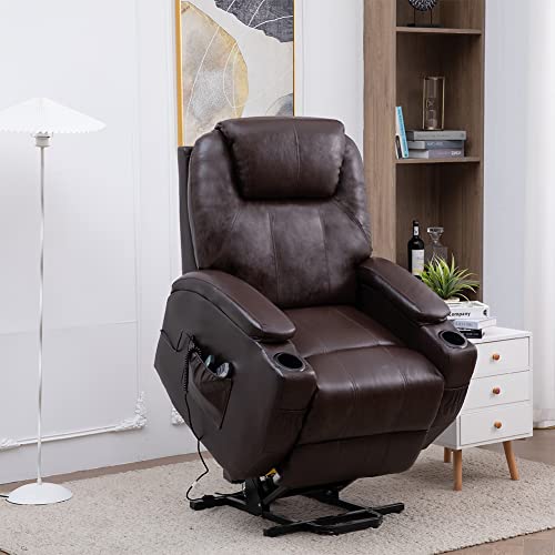 Power Lift Recliner Chair Genuine Leather Lift Chair For Elderly Massage And Heating, Ergonomic Living Room Recliner Classic Single Sofa With 2 Cup Holders Side Pockets,Europe Adaptor (Brown) #TOP20