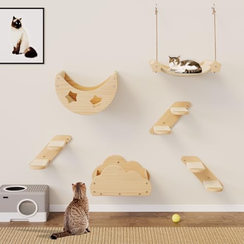 YITAHOME Set da parete per gatti, in legno massiccio, 6 pezzi, stabile mobili per gatti con 3 scale per gatti, 2 cucce per gatti, 1 amaca in flanella, per gatti, dormire, giocare, lounge