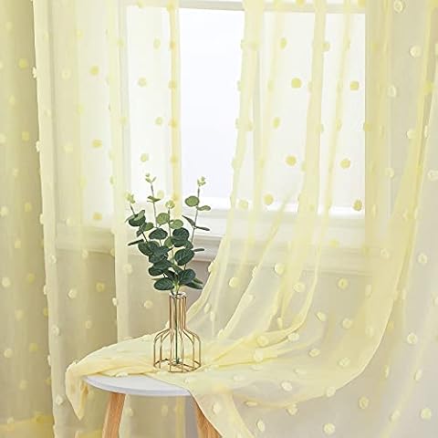 Haperlare Pompom Design Sheer Curtains, Jacquard Bubble Sheer Window Curtains Faux Linen Textured Solid Grommet Voile Curtains for Girls Nursery Bedroom Decor, 52" W x 63" L, 2 Panels, Yellow Cover
