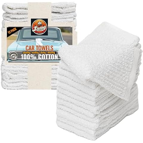 Living Fashions Cotton Cleaning Cloths – Set of 12 Super Absorbent 12" x 12" Towels for Car Washing & Drying, 100% Ring-Spun Cotton Cover