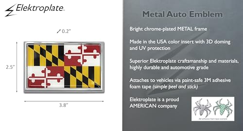 Image of Elektroplate Premium Maryland MD State Flag All Metal Chrome Emblem for Cars, Trucks, and All Auto | Universal Fit at 2.5 inch x 3.8 inch | Weatherproof