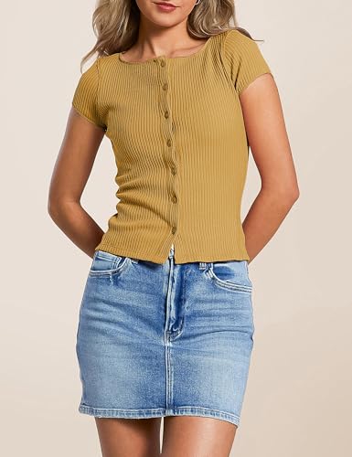 Dqbeng Womens Summer Cardigans Cap Sleeve Ribbed Button up Shirts Fitted Basic Going Out Tops4