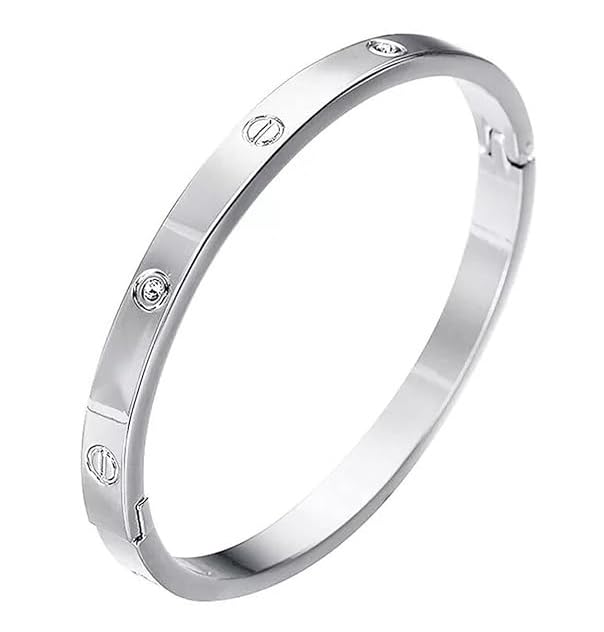 (Silver Color) 6cm Diameter Diamond/Nug Stone Studded Valentine's Day Special Plain Openable Lock Friendship Hand Cuff Wrist Kada Bangle Couple C@rtier Kada Bracelet