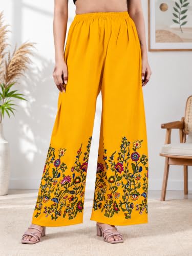 Image of Women's Rayon Bird Flower Print Loose fit Palazzos Pants Free Size 28 to 40