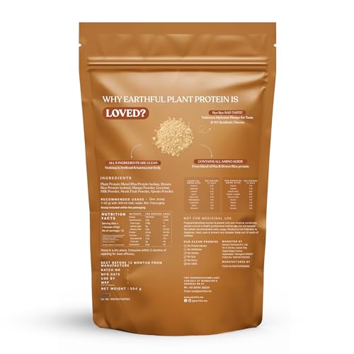 Image of Earthful Honest Plant Protein | 24g Protein /Serving & 4.9g BCCAs | For Weight Management, Energy, Muscle Support & Recovery | Made with Pea & Brown Rice | Alphonso Mango - 504g