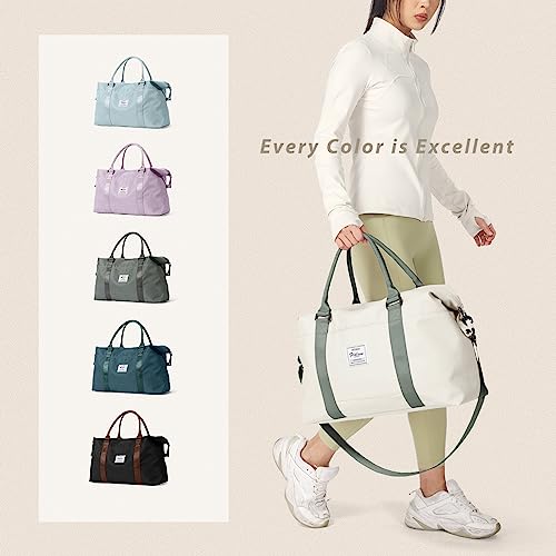 Image of Travel Duffel Bags for Women Mens Waterproof Weekender Carry on Bag Sports Gym Bag Travel Tote Bags with Wet Pocket Overnight Bag Workout Duffel Bags with Trolley Sleeve Beige with Green