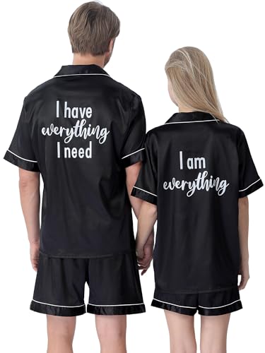 Jecery His and Hers Pajamas Sets Matching Pajamas for Couples Satin Button Pjs Short Sleeve Sleepwear for Women Men