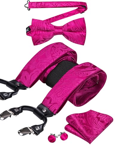Image of YOHOWA Men Suspenders 6 Clips Strength Adjustable Y Braces Pre-Tied Bow Tie Set Formal Wedding Party