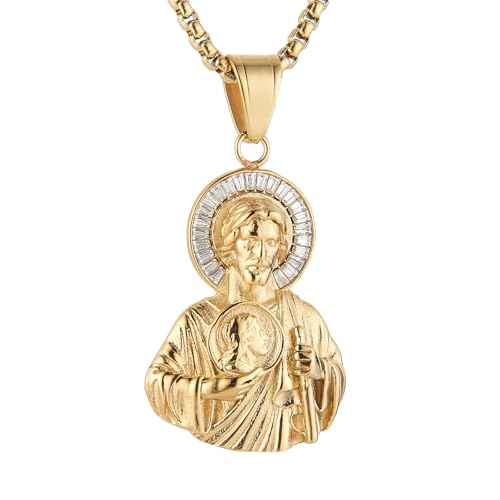 HZMAN 14K Gold Plated Stainless Steel Jesus Necklace with Crystal Christian Gift