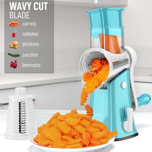 Image of Zulay Kitchen Rotary Cheese Grater 5 Blade Cheese Shredder - Manual Hand Crank Cheese Grater With Reinforced Suction & 5 Interchangeable Drums - Easy to Use, Vegetable Chopper Round Mandoline Slicer