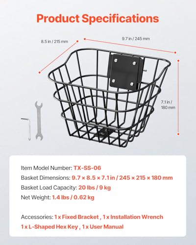 VEVOR Vorderradkorb 245x215x180 mm, Scooter-Korb mit Fester Halterung, max. Tragkraft 9 kg, Lenkerkorb aus massivem Stahl, Kinderfahrradkorb/Erwachsenenfahrradkorb/Knie-Elektroroller-Zubehör