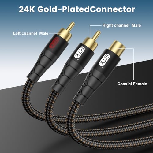 Image of EMK RCA Splitter 2 Male to Female Extension Cable Dual Shielding Gold Plated Nylon Braided RCA Splitter 1 Female to 2 Male Cord Adapter Black /1ft /30CM