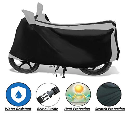 Image of Auto Hub Bike Cover Compatible with TVS Apache RTR 160 with Mirror Pocket, Dustproof, Heat Resistant, Triple Stitched, Apache 160 Bike Cover- Black, Silver