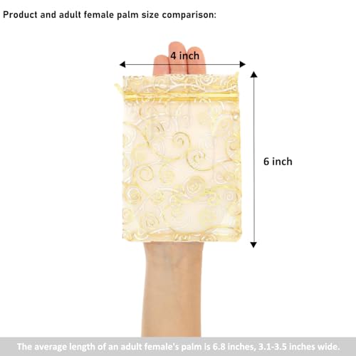 Image of Staruby Organza Gift Bags 100Pcs Gold Sheer Organza Bag 4x6 Inch Mesh Favor Bags Drawstring Jewelry Rattan Printed Gift Pouches for Wedding Party Favors Couple Shower Christmas Gifts Candy Bags