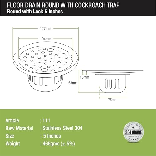 Image of LIPKA Round Floor Drain |304-Grade Stainless Steel |5 Inches| with Cockroach Trap /Jali & Lock|