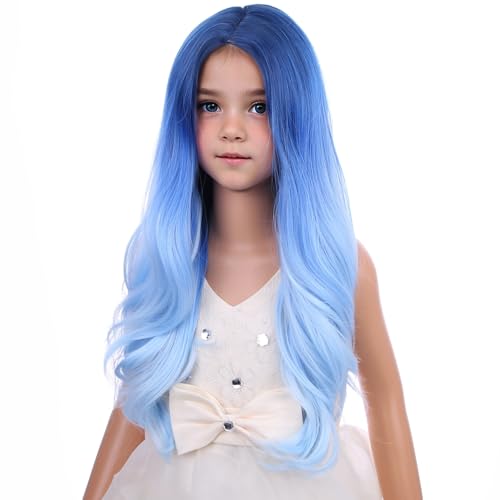 Image of PATTNIUM Kids Long Curly Wavy Blue Wig - Heat Resistant Synthetic Hair Wigs