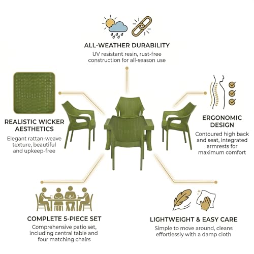 Image of Oaknest Supreme Cambridge with Vegas Plastic Outdoor Chair and Table Set | 4 Rattan Chairs + 1 Table | Weatherproof, Lightweight | Garden & Patio Use Mehandi Green