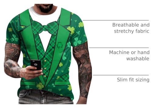 Image of Eciodci Men's St Patricks Day T-Shirts Novelty 3D Printed Shamrock Tuxedo Tees Shirt Clover Leaves Casual Short Sleeve Shirts
