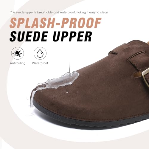Image of Women's Suede Clogs with Back Strap Men's Cork Footbed Leather Mules Clogs for Women Comfort Memory Foam Slingback Clog Sandals with Adjustable Buckle Slip on Potato Shoes