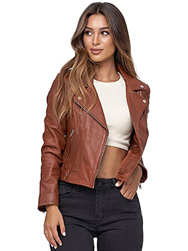 Tazzio Lederjacke Damen Echtleder Jacke im Biker Look mit coolen Zipper-Details & Reverskragen F507 (L, Cognac)