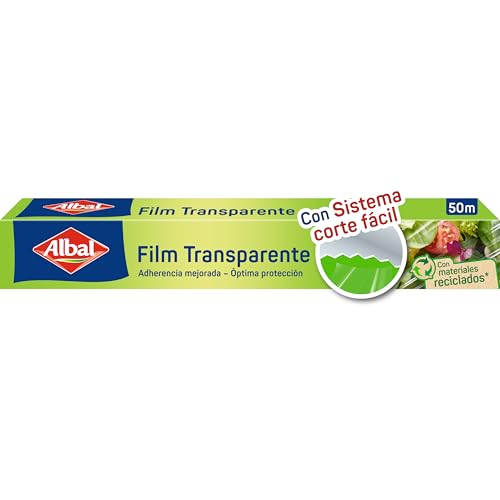 Albal Film transparente autoadherente - Papel film alimentario de corte fácil, papel de cocina transparente extra ancho para todo tipo de recipientes, con 70% materiales reciclados,, 50 m x 32 cm