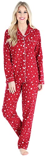 PajamaMania Women's Cotton Flannel Long Sleeve Button-Down Pajamas PJ Set, Cranberry Star, Medium