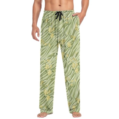 Mens Pajama Pants Sage Florals Green Stripe Soft Lounge Sleep Pj Bottoms with Drawstring Pockets