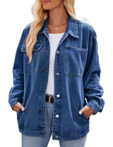 Womens Denim Jacket Blazer Button Down Casual Loose Long Sleeve Vintage Jean Jackets Tops