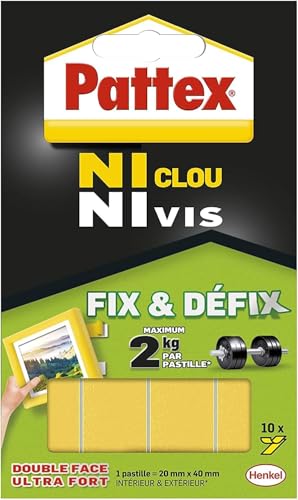 Pattex – Ni Clou Ni Vis Fix & Défix (10 pastilles de 20 x 40 mm) – Adhésif de fixation surpuissant facilement démontable – Adhésif double face pour...