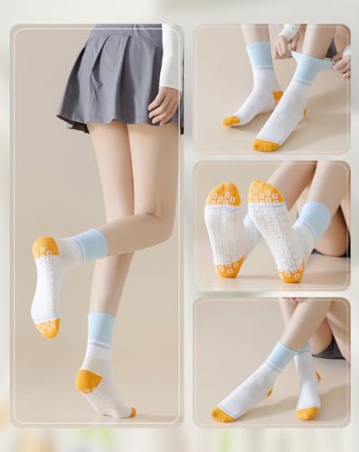Image of Yawlsow Pilates Grip Socks for Women Yoga Grippy Striped Color-block Non Slip Socks Sticky Barre Workout Sock with Grippers