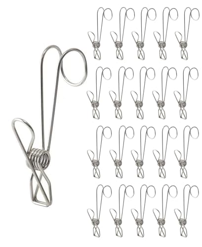 BYROYIO 20 Clips Pack Stainless Steel Clothespins with Hooks Metal Spring Universal Long Hanging Clip for Offices Kitchens Bathroom