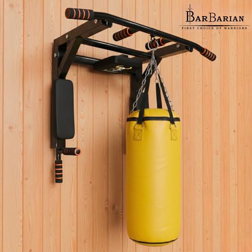 Image of BARBARIAN Heavy Duty Wall Mount Pull Up Bar 3-in-1, Chin Up Bar & Dip Station for Home Gym, Multi-Grip Strength Training Equipment with Steel Frame & 150kg Capacity
