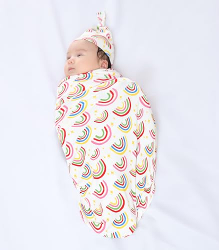 Image of Newborn Swaddle Blanket with Hat Set,Unisex Baby Receiving Blanket Nursery Wrap for Girls and Boys, Viscose Made from Bamboo Rainbow One Size