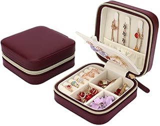 Travel Jewellery Box Organiser with Ear Stud Tray, Mini Faux Leather Travel Jewellery Box, Small Jewelry Case Storage for Rings Earrings Necklace Bracelets, Red