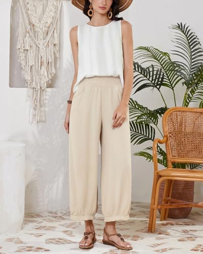 Womens Linen Wide Leg Pants Summer Beach Palazzo Harem Pants Casual Ankle Length Trouser Slacks2