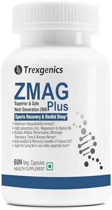Trexgenics ZMAG PLUS Next Generation Sports Recovery, Restful Sleep complex with Bioactive Zinc & Magnesium Bisglycinate, Active B6 P5P & Vit. D3 Advanced, Bioavailable & Safe (60 Veg Capsules)