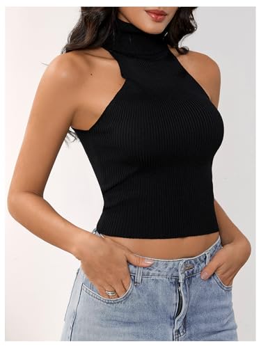MakeMeChic Women's Sleeveless Turtleneck Sweater Top Crop Backless Mock Neck Tops4