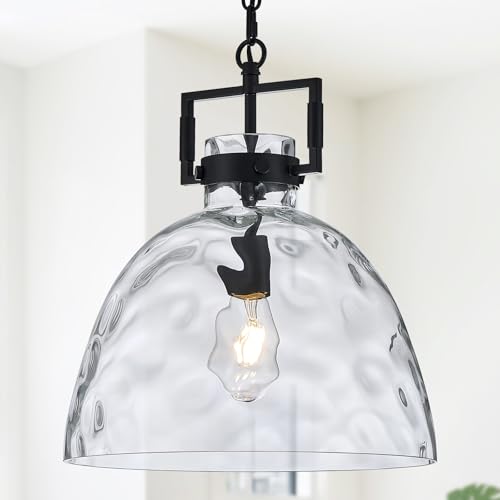 Image of 13.8 inch Black Glass Pendant Light, Hammered Clear Glass, E26 Hanging Light