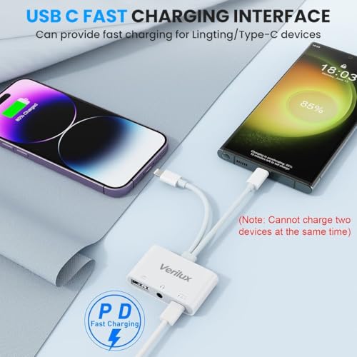 Image of Verilux 3 in 2 Lighting to Type C Audio & Charging Adapter, Type-C Connector with USB-C /Lighting to USB 3.0 /3.5mm Audio /USB-C Connector for iPhone 17 /16 /15 /Plus /Pro /Max, Galaxy S26 /S25, Flash Drive