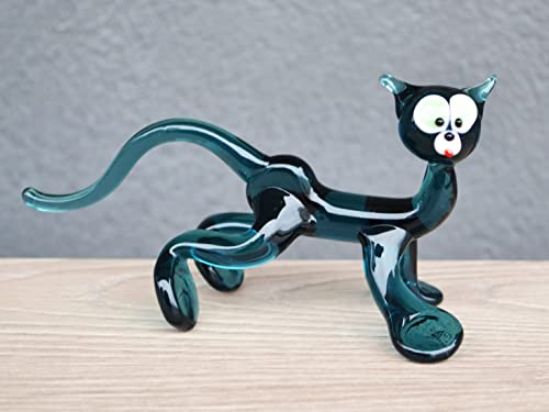 Green Glass Cat Figurine Animal Blown Cat Collectible Kitten Lover Gift Cute Glass Cat Animal Character Desk Decoration