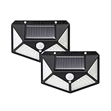 GRIFEMA Luz Solar Exterior para Jardín con Sensor de Movimiento, Focos LED Exterior Solares, Lámpara de Pared Solar Impermeable 100 LEDs, 3 Modos, Ángulo 270°, IP65, Batería 800mAh, Pack de 2