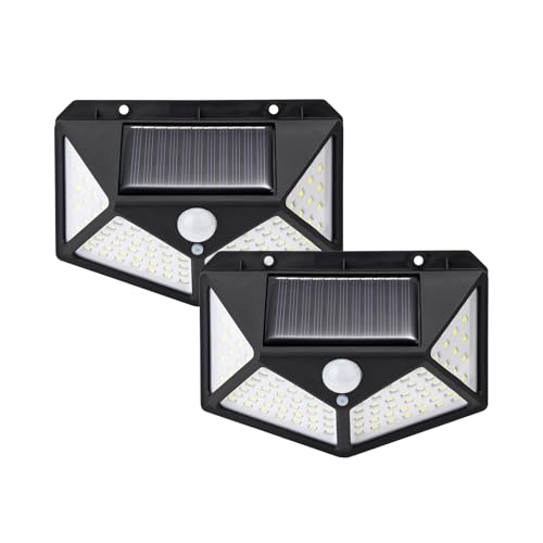 GRIFEMA Luz Solar Exterior para Jardín con Sensor de Movimiento, Focos LED Exterior Solares, Lámpara de Pared Solar Impermeable 100 LEDs, 3 Modos, Ángulo 270°, IP65, Batería 800mAh, Pack de 2