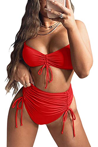 Meyeeka Spaghetti Strap High Cut Thong Bikini Sets Ruched Tummy Control 2Pcs Swimwear For Women Red #TOP3