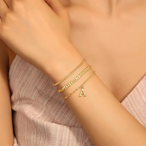Gold Initial Bracelets for Women Gifts - Dainty 14K Gold Plated Layered Letter Bracelet Set Trendy Personalized A-Z Bracelets Jewelry Gifts for Her2