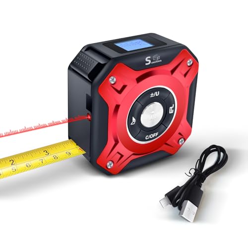 2 in 1 Digital Laser Tape Measure | 130ft/40m Laser Distance Meter Display On Backlit LCD Screen with 16ft/5m AutoLock Measuring Tape | Ft/Inch/Fractions/M/mm (Red)