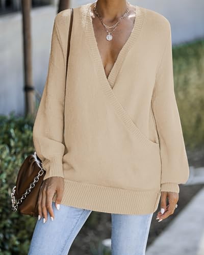 Image of LookbookStore Women's Knit Long Sleeve Faux Wrap Surplice V Neck Sweater Top